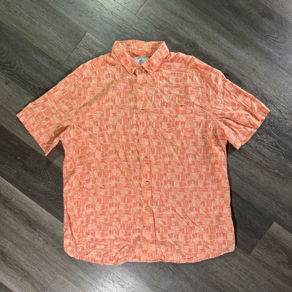 Southern Tide Shirt Men's XL Orange Cocktail Glasses Linen Rayon Short Sleeve